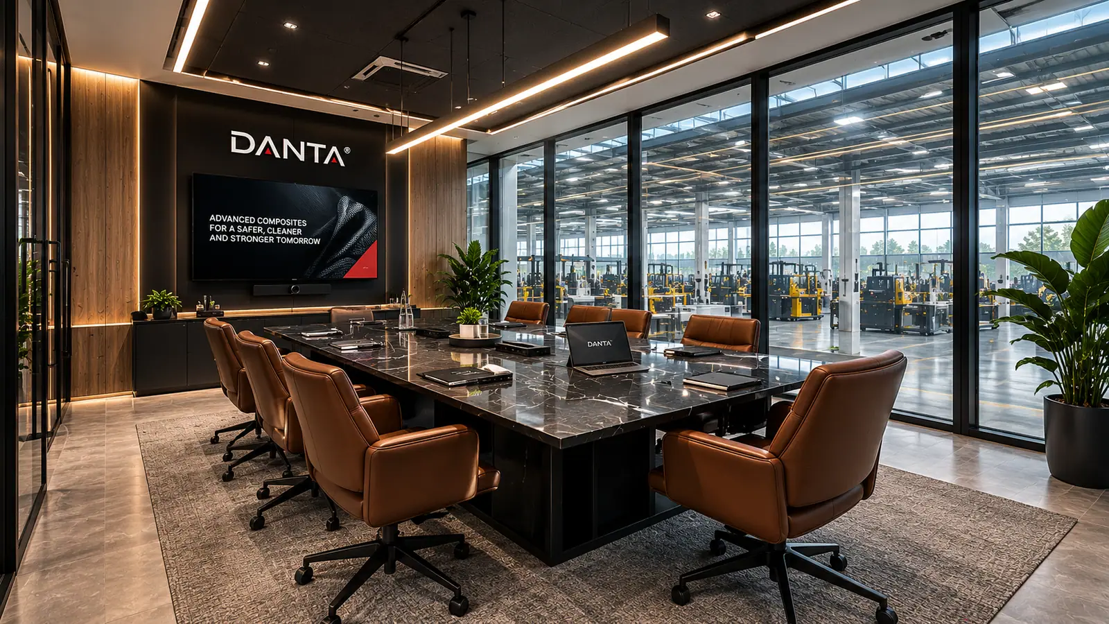 Concept visualisation of a boardroom overlooking a production floor