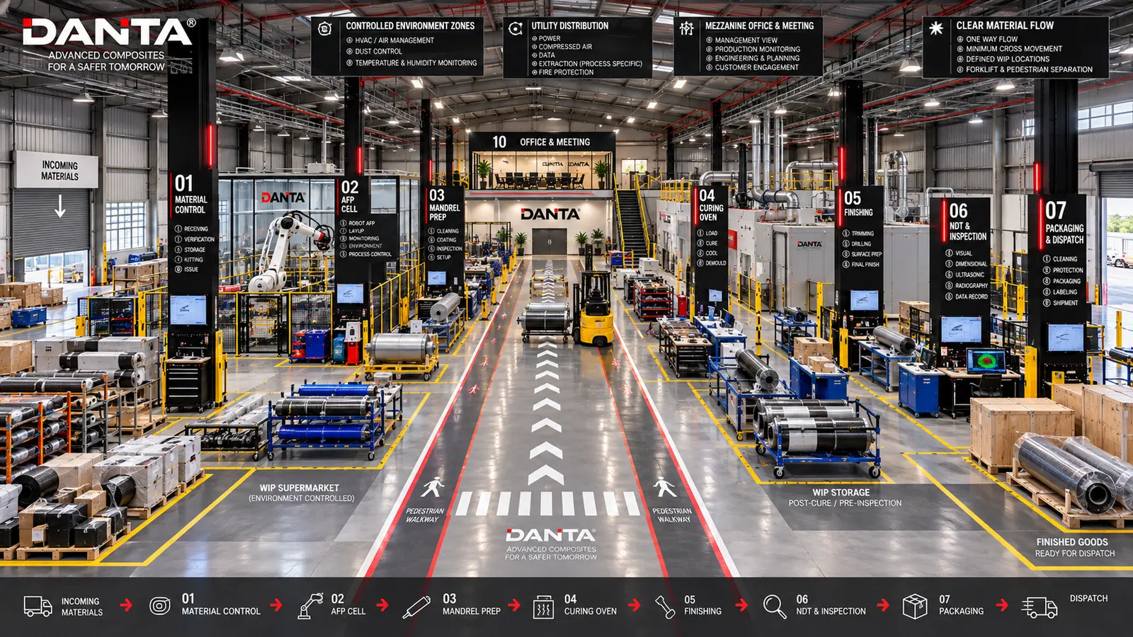 Concept visualisation of a production layout with marked material-flow lanes