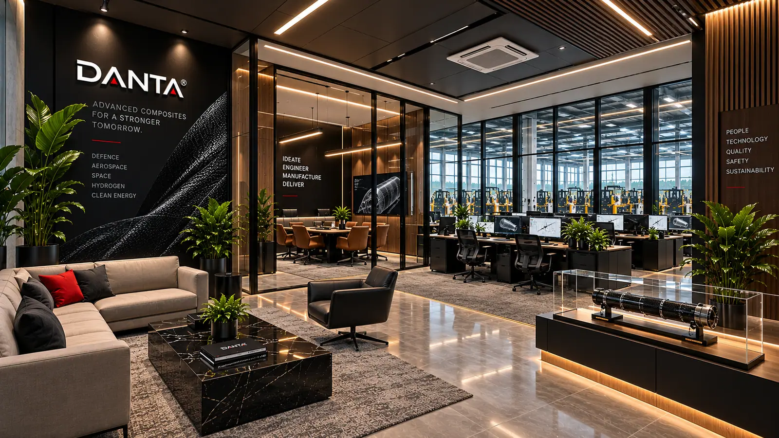 Concept visualisation of a lounge with a glass wall overlooking a production floor